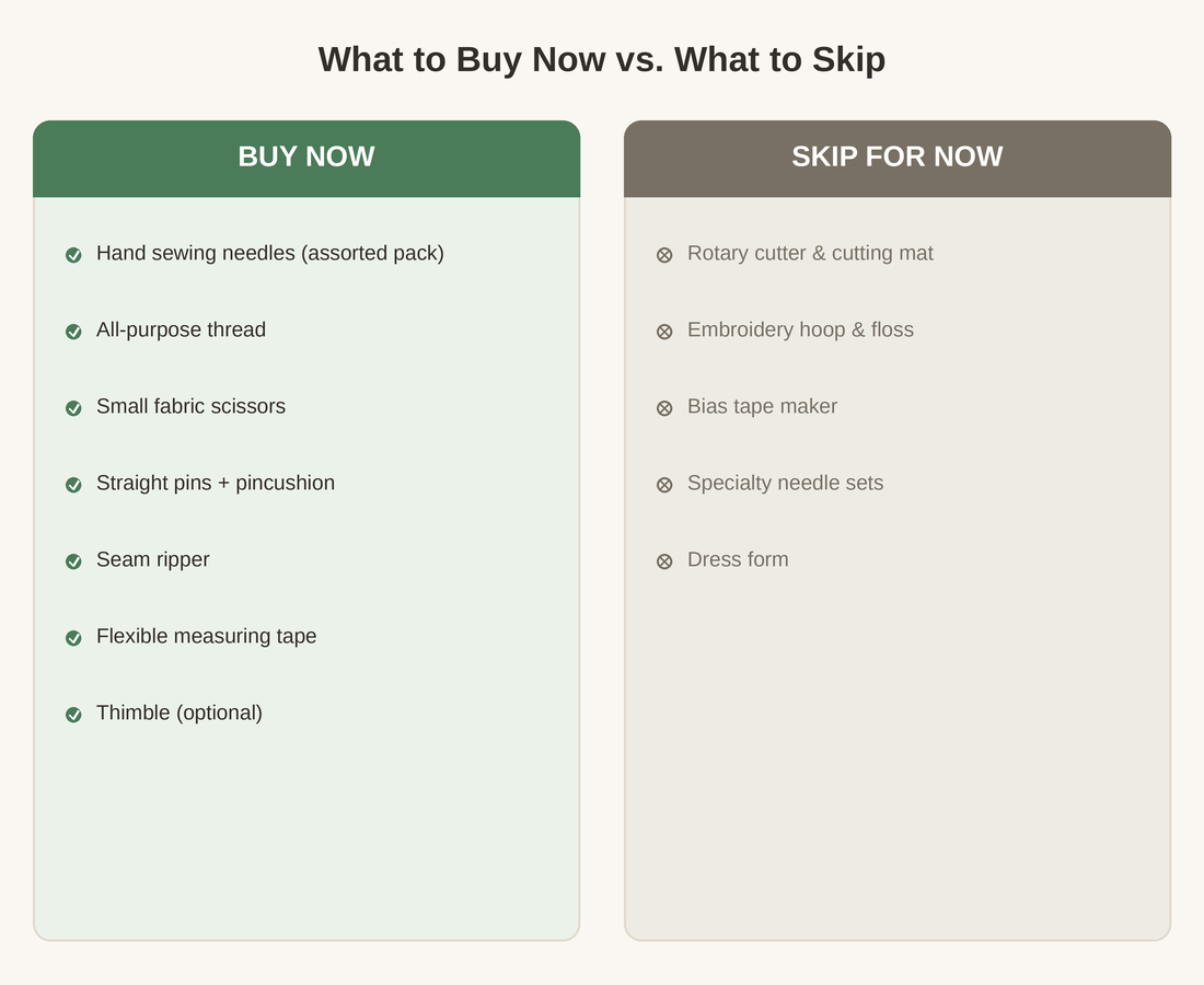 Two-column comparison graphic showing beginner sewing tools to buy now, such as needles and a seam ripper, next to tools to skip for now, such as a rotary cutter and embroidery hoop.