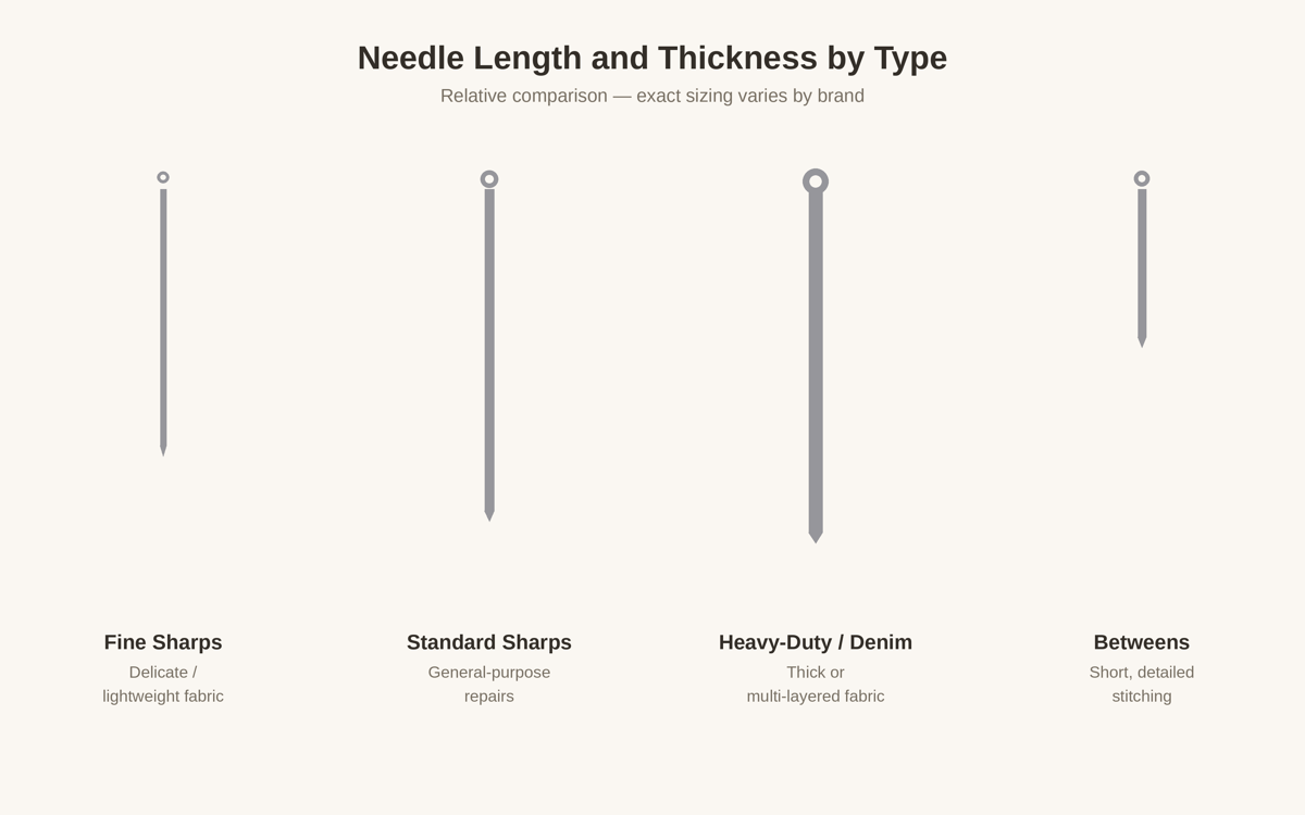 Side-by-side comparison of needle length and thickness across four needle types: fine sharps, standard sharps, a heavy-duty denim needle, and a short betweens needle.