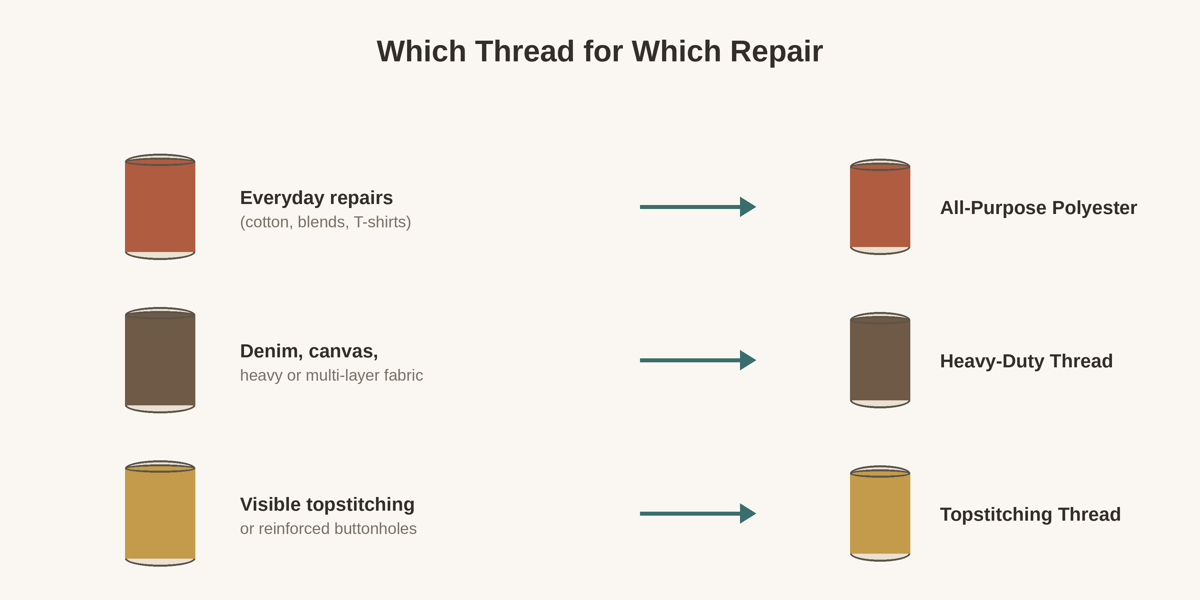 Decision chart matching repair type — everyday repairs, heavy fabric, or visible topstitching — to the recommended thread type.