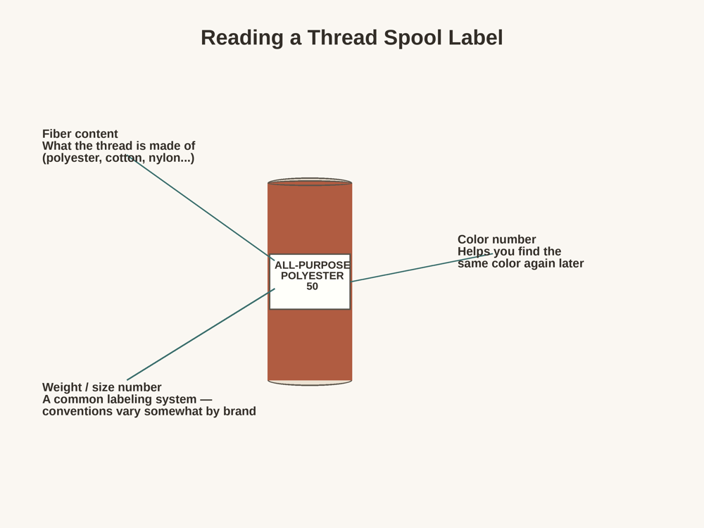 Diagram of a thread spool labeled with callouts pointing to the fiber content, the weight or size number, and the color number printed on the label.