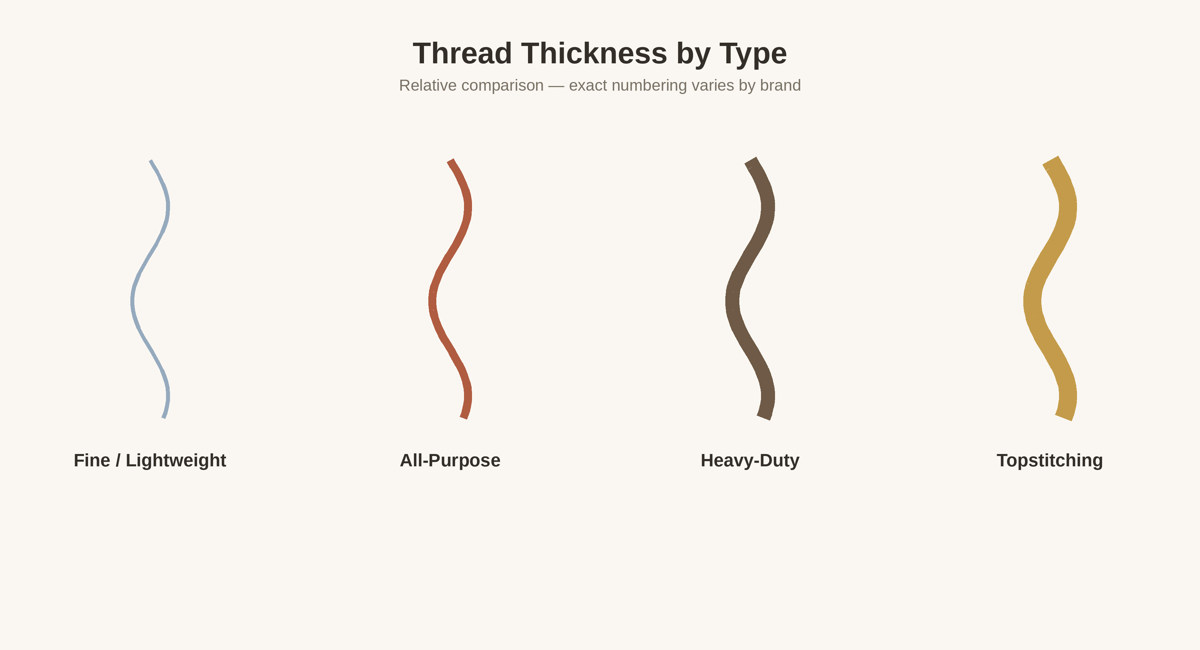 Comparison of relative thread thickness across four types: fine lightweight thread, all-purpose thread, heavy-duty thread, and topstitching thread.